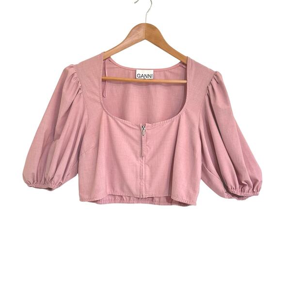 Ganni Drapey Cropped Zipper Blouse Top Puff Sleeve Sz 42 US Large Pink FLAW - Picture 1 of 7